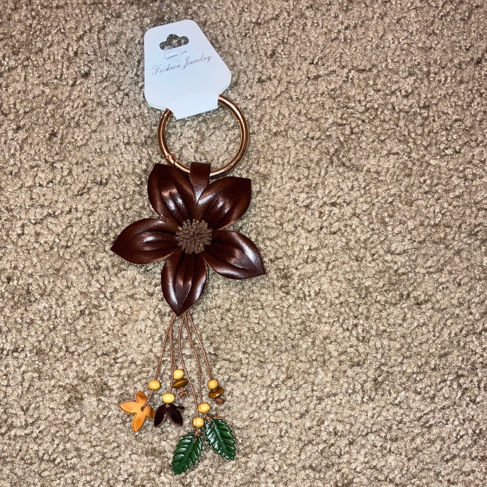 NWT Brown Flower Tassel Keychain Bag Charm with Flowers and Leaves